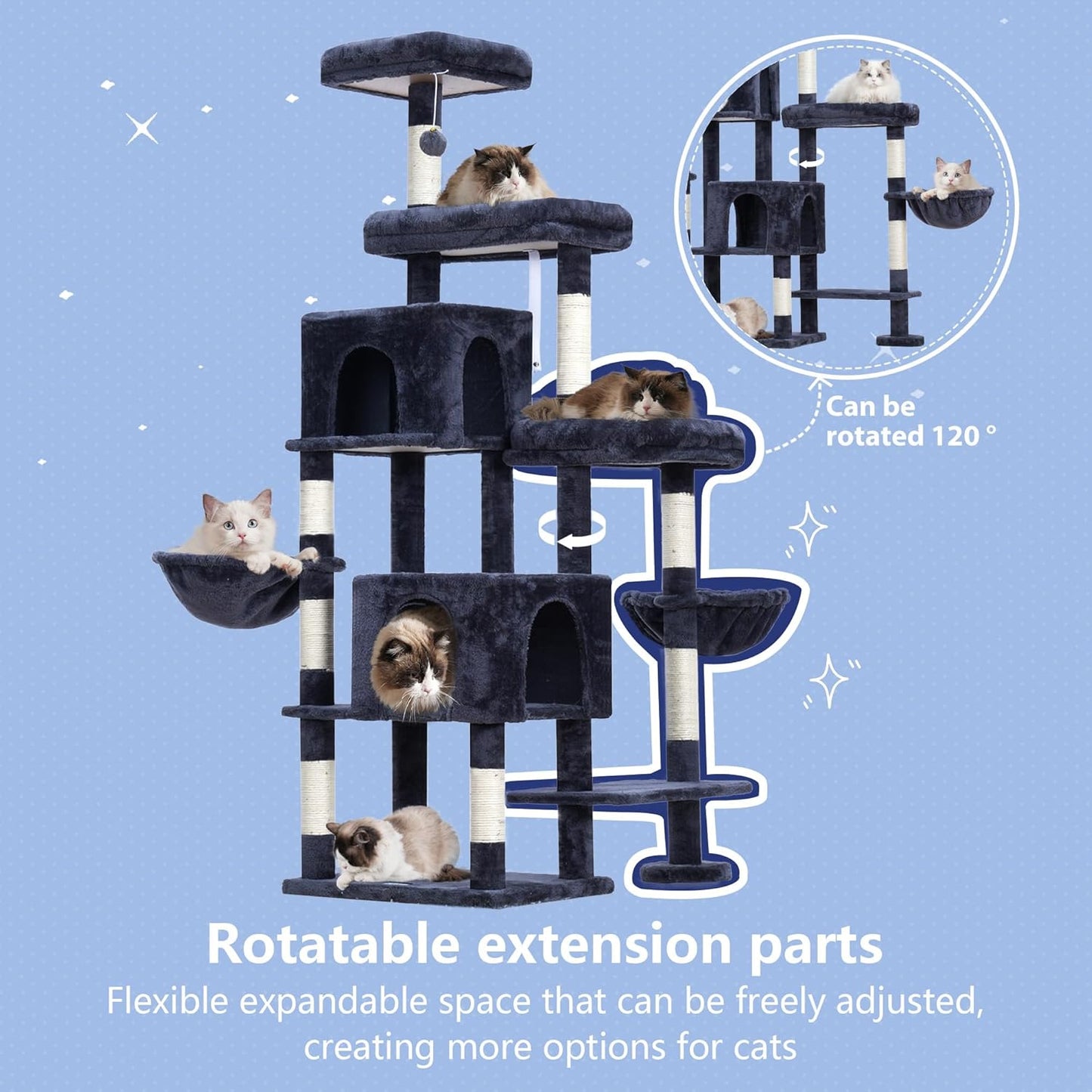 Hey-brother Cat Tree Tower, Scratching Posts with a Extended Part, Wide Platforms, Cozy Condos, Hammocks, Sisal Columns and Ball for Indoor Cats, 70.1 Inches, Smoky Gray MPJ038G