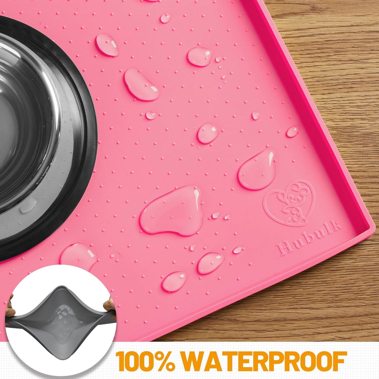 Hubulk Dog Feeding Mat,100% Waterproof Food Grade Silicone Pet Food and Water Bowl Placemat,Dishwasher, High Raised Edge to Prevent Spills,Nonslip Tray to Stop Messes on Floor (19"x12"x0.5", Pink)