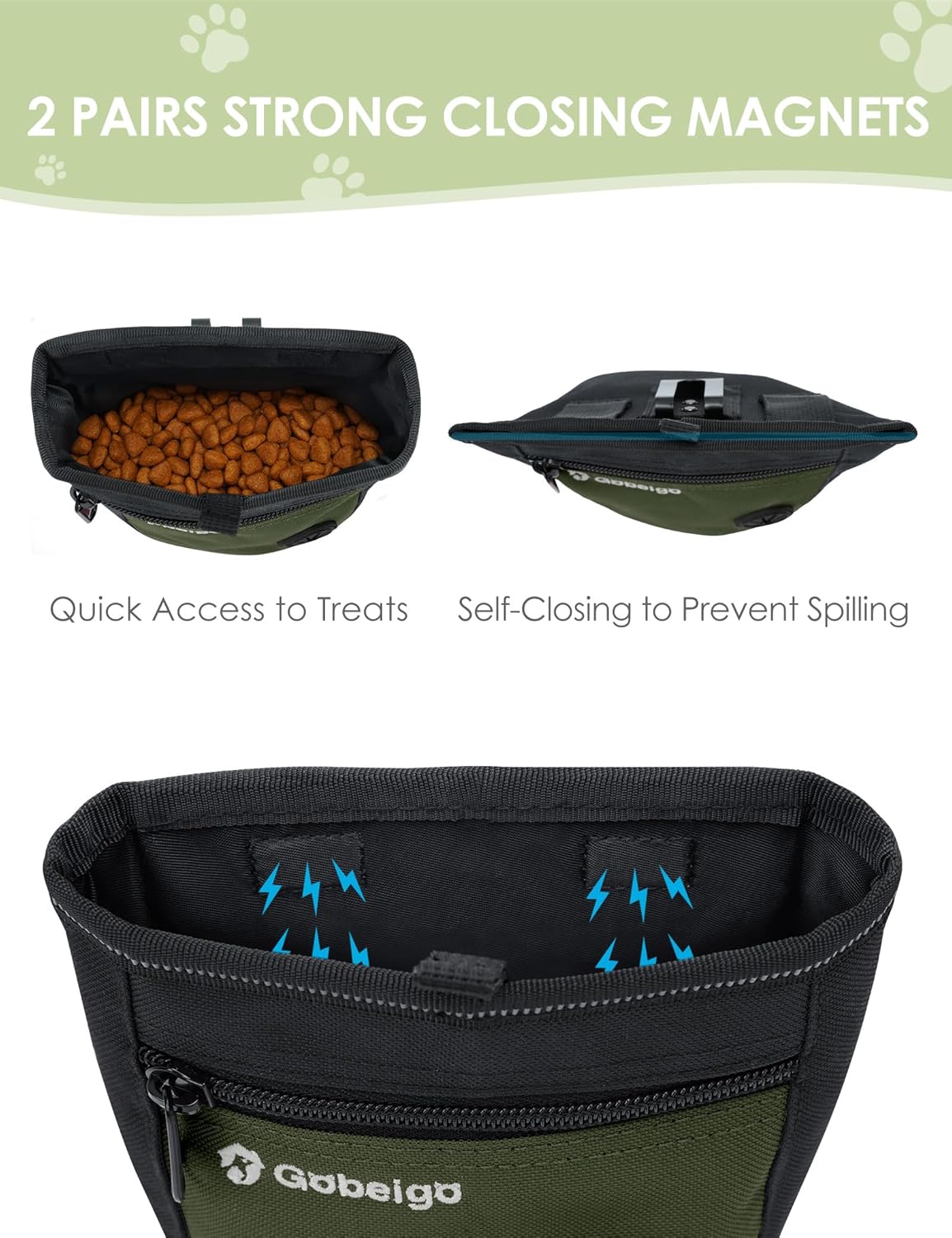 Gobeigo Dog Treat Pouch and Training Clicker, Upgrade Two Magnetic Closure to Prevent Spills, 2 Cup Treat Bag with Poop Bag Dispenser, Metal Clip Waist Belt Fanny Pack for Pet Walk (Black/Army Green)
