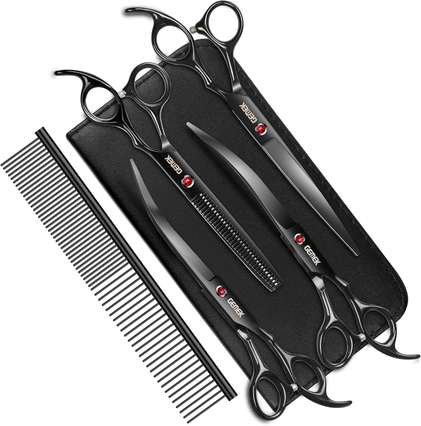 7.0in Titanium Professional Dog Grooming Scissors Set, GEMEK 6 in 1 Straight & Thinning & Upwards Curved & Downwards Curved Scissors & Comb for Dogs, Cats and Other Animals (Black)