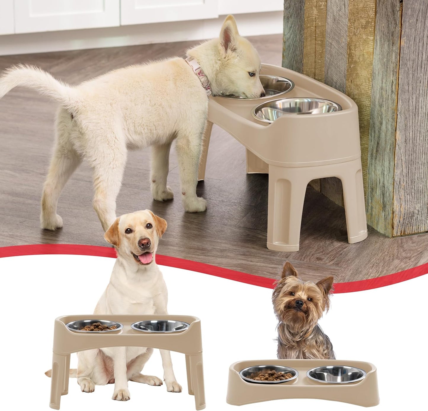 IRIS USA Elevated Dog Bowls, Adjustable Height, 2 Thick 64 oz Stainless Steel Bowls, Spill-Proof with Raised Outer Rim, Durable Made in USA Plastic, Easy Assemble, 2 Heights 4.63" or 12.25" Almond
