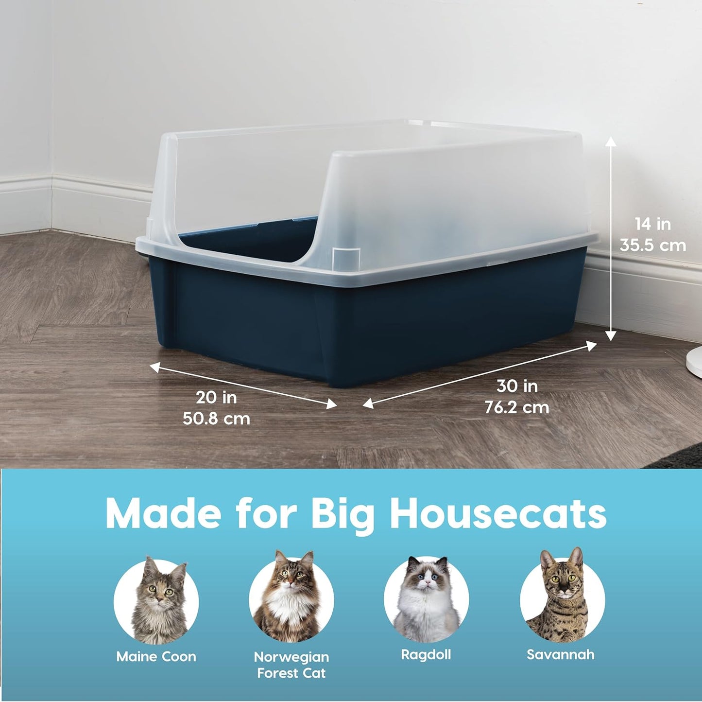 IRIS USA XX-Large Cat Litter Box, Open Top Extra Large Litter Box for Big Cats and Multi-Cat Households, High Sided Scatter Shield, Easy to Clean, 30" L x 20" W x 14" H, Navy