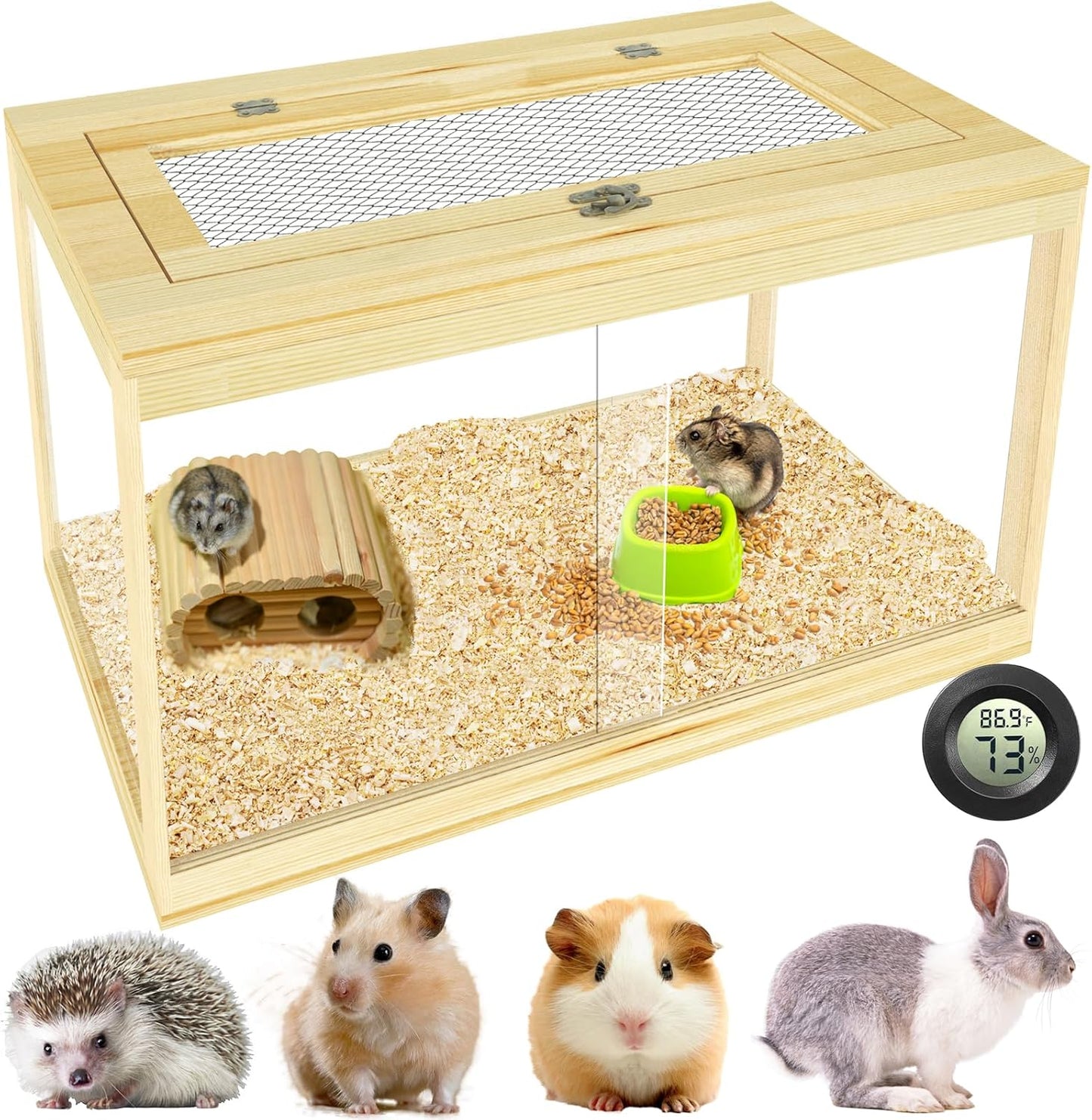 24" Hamster Cage, Lockable Sliding Door Gerbil Cage, Dwarf Hamster Cage with Metal Mesh Roof, Mice and Small Animal Habitat, Chewproof Syrian Hamster Enclosure, (Wooden, 24" L x 16" W x 16" H)