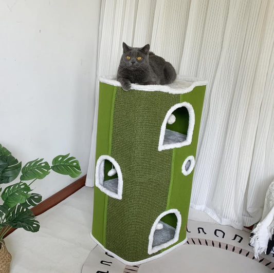 4-Level Cat House for Indoor Cats,Covered Cat Beds and Furniture with Scratch Pad,Hideaway Cave &Cushions,Modern Cat Tower Condo for Multi Small Pet and Large Cats Green