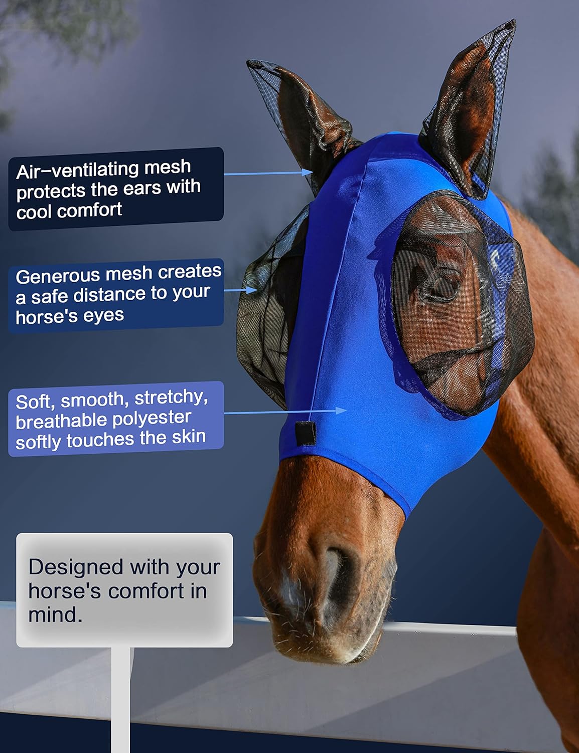 Horse Fly Mask with Ears, UV Protection Mask for Horses, Elasticity Mask with Big Mesh Eye Covers, Snug Fitting Comfortable Breathable Lightweight Royal Blue Cob