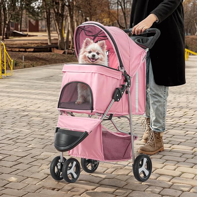 MoNiBloom 3-Wheels Foldable Pet Stroller with Waterproof Cover, Pet Strolling Cart for Small/Medium Dogs and Cats with Storage Basket and Cup Holder, Breathable and Visible Mesh for All-Season, Pink