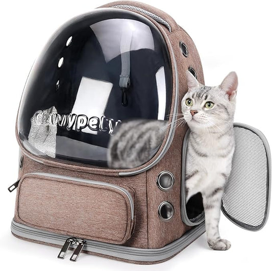 Cat Backpack Carrier, Breathable Cat Carrier Large Space Bubble Pet Backpack for Kitty Small Dog up to 15lbs, Transparent & Foldable Pet Carrier for Travel Hiking