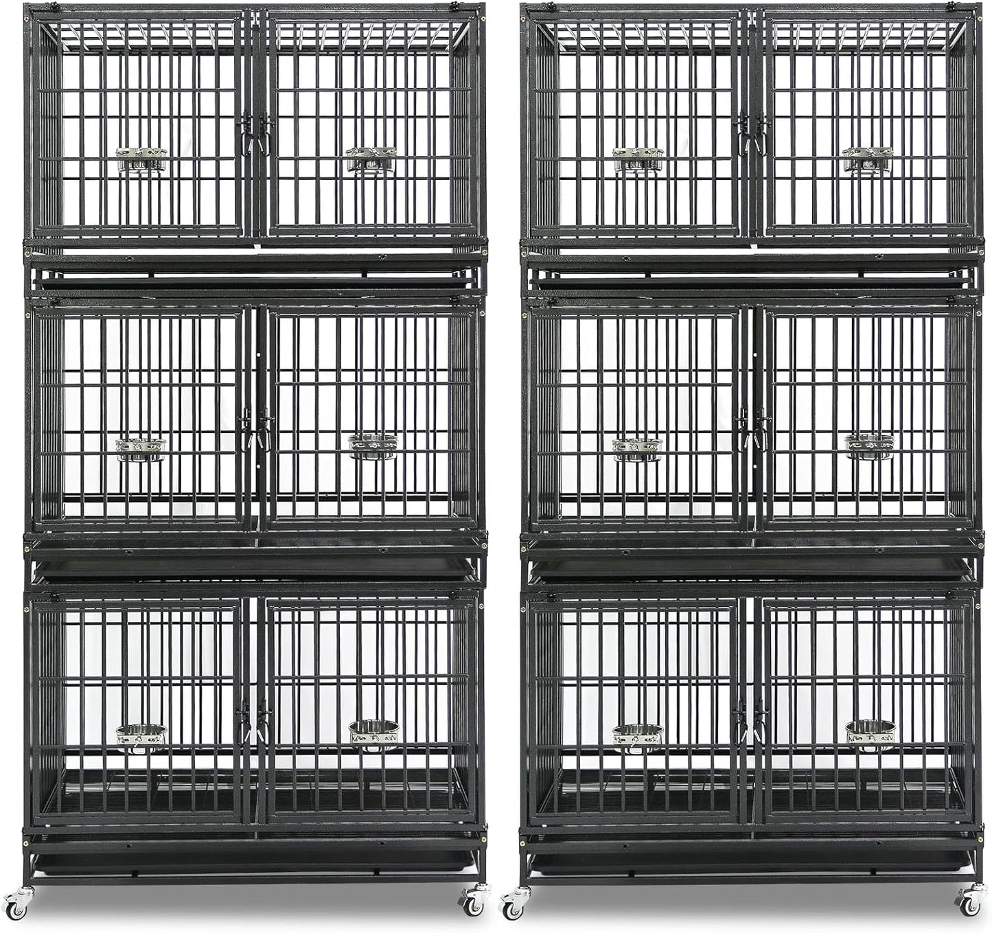 Homey Pet 2 Pack Three Tiers 43 inch Stackable Heavy Duty Dog Crate with Wheels, Indestructible Steel Dog Cage Kennel Indoor with Detachable Divider, Trays, Feeding Bowls, Escape Proof Locks