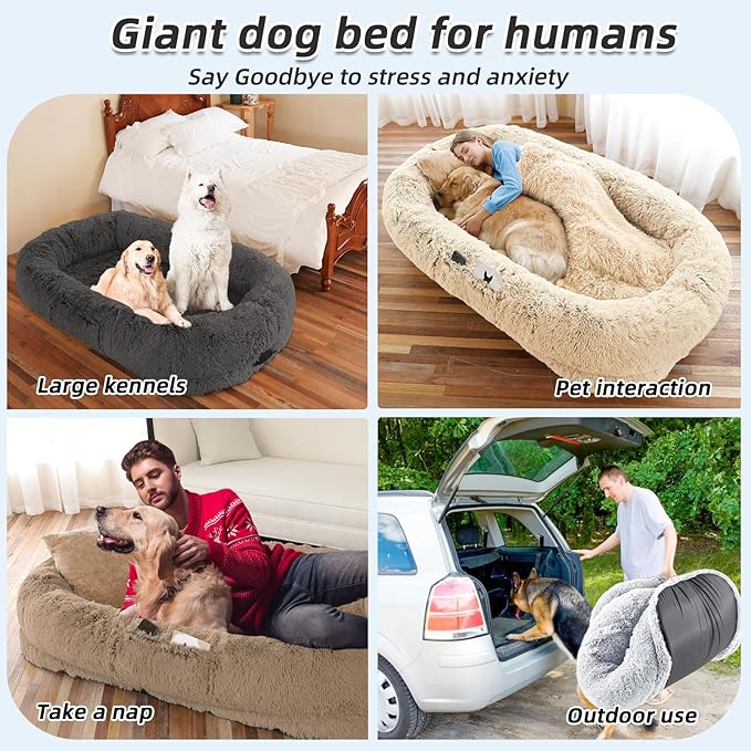 Human Dog Bed, 71''x45''x12'' Size Fits You and Pets, Washable Faux Fur Pet Bed for People Doze Off, Napping Orthopedic Dog Bed, Present Plump Pillow, Blanket, Strap - Beige