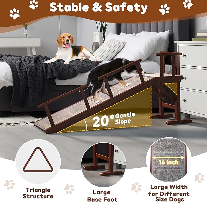 Onelike Wooden Dog Ramp for Bed with Removable Side Rail and Non-Slip Carpet, Stable Pet Ramp Stair for Couch Sofa for Small & Large & Senior Dogs, 60" Long Ramp Brown