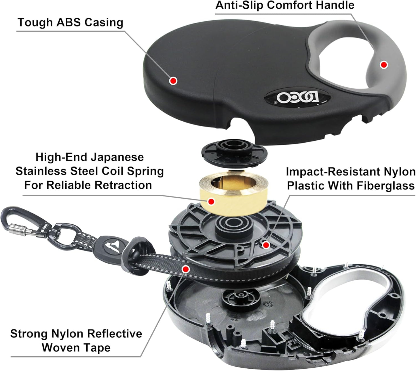 DOCO Retractable Dog Leash for Large Dogs (Length - 16’, Weight - Upto 110lb) Reflective Tape Lead with Stop and Lock Control, Tangle Free 360° Swivel Snap & Anti-Slip Grip (Black, Large)