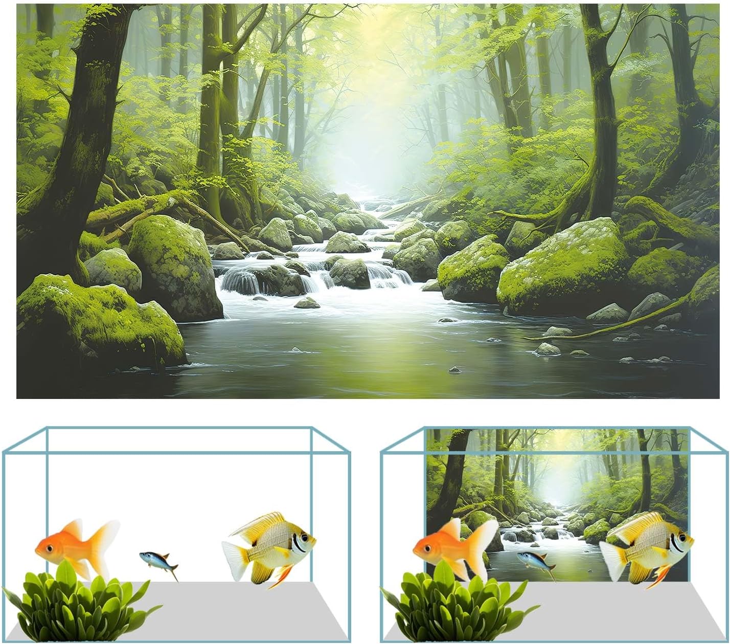 24X12IN Tropical Forest Terrarium Background, Natural Green Forest Tree Reptile Habitat Background, Misty Rainforest Aquarium Background, with 8 EVA Double-Sided Tape