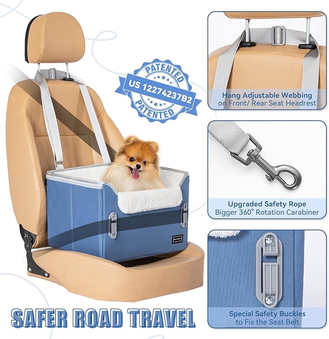 PETSFIT Small Dog Car Seat, Patent Safe Buckles Dog Booster Car Seat, Puppy Car Seat with Safety Belt, Suitable for Small Pets Up to 25lbs (Navy Blue)