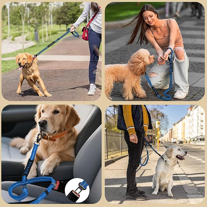 Heavy Duty Tactical Bungee Dog Leash, 4-6FT Shock Absorbing Tactical Dog Leash with 2 Padded Handles, Metal Carabiner Clip,Car Seatbelt, Reflective Dog Leashs for Medium Large Dogs (Blue)