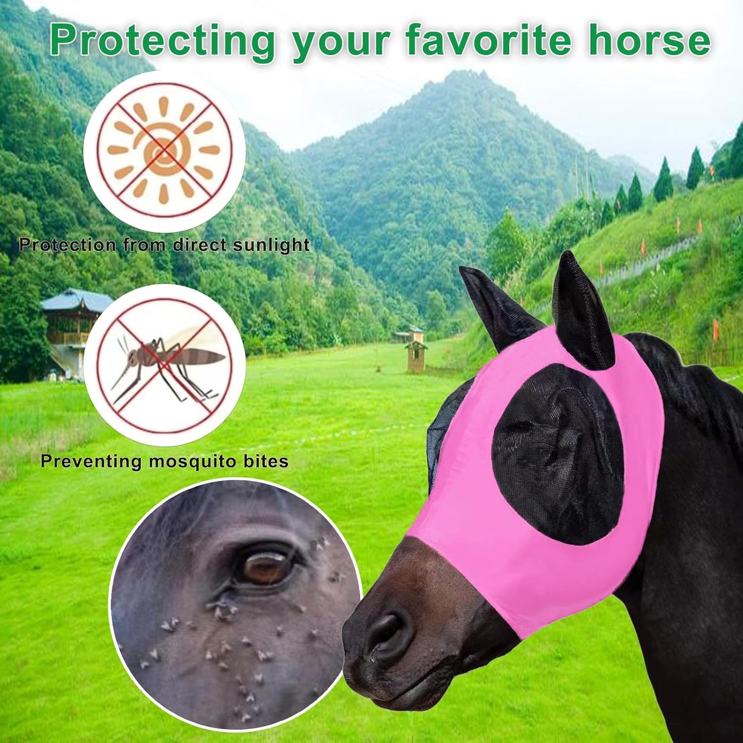 Horse Fly Mask with Ears, Comfortable Fit Stretch Fabric with UV Protection Soft on Skin Breathability for Small/Medium Size Horses (Pink)