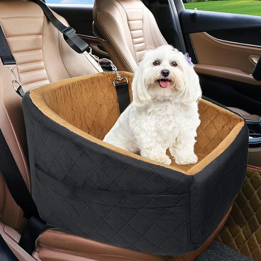Dog Car Seat for Small Medium Dogs,Detachable Washable Dog Booster Seat Under 30lbs, Pet Car Seat Travel Bed with Storage Pockets and Dog Safety Belt(Black/Brown)