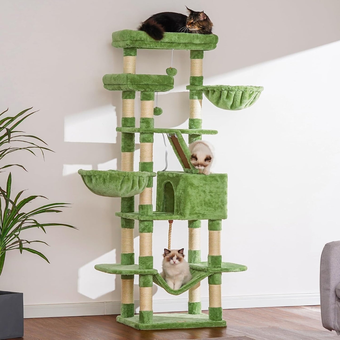 Heybly Cat Tree, 68 inch Multi-Level Cat Tower for Indoor Cats, 2 Widened Plush Perches Cat Condo with Scratching Board and Big Caves, Green HCT025GR