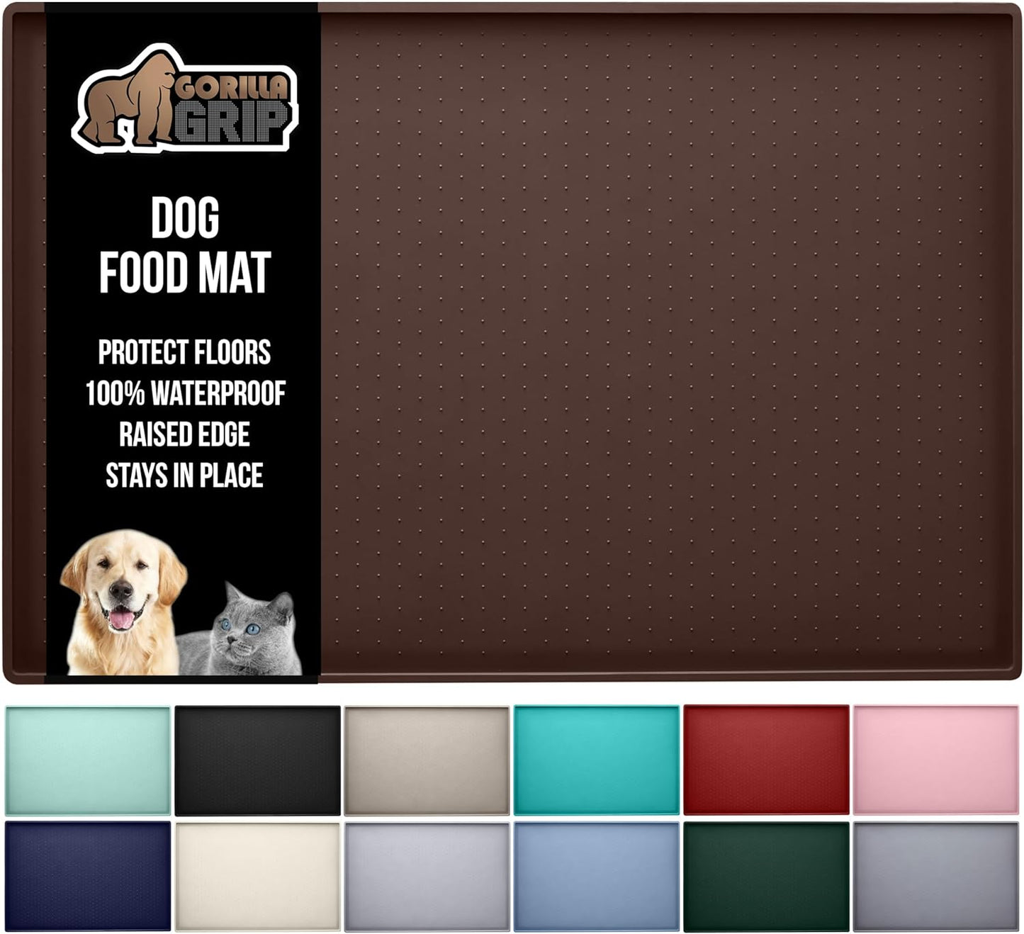 GORILLA GRIP 100% Waterproof Raised Edge BPA Free Silicone Pet Feeding Mat, Dog Cat Food Mats Contain Spills Protects Floors, Placemats for Cats and Dogs Water Bowl, Pets Accessories 23x15 Brown
