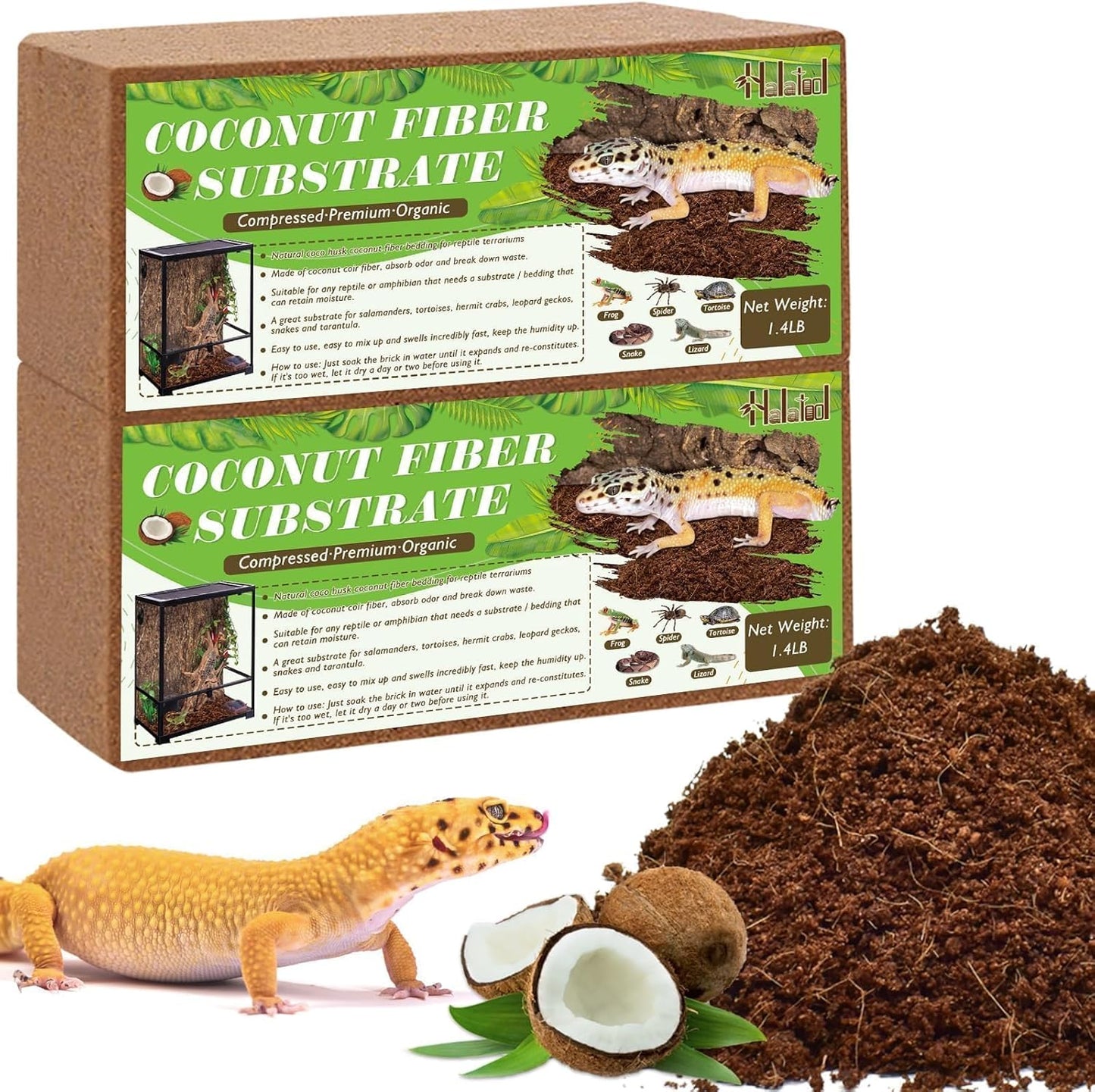 Halatool 2Pack Leopard Gecko Substrate Natural Coconut Fiber Substrate for Reptiles Premium Coco Husk Terrarium Bedding for Tortoise Habitat Snake Lizard Hermit Crab Tarantula Enclosure Worm Bin Frog