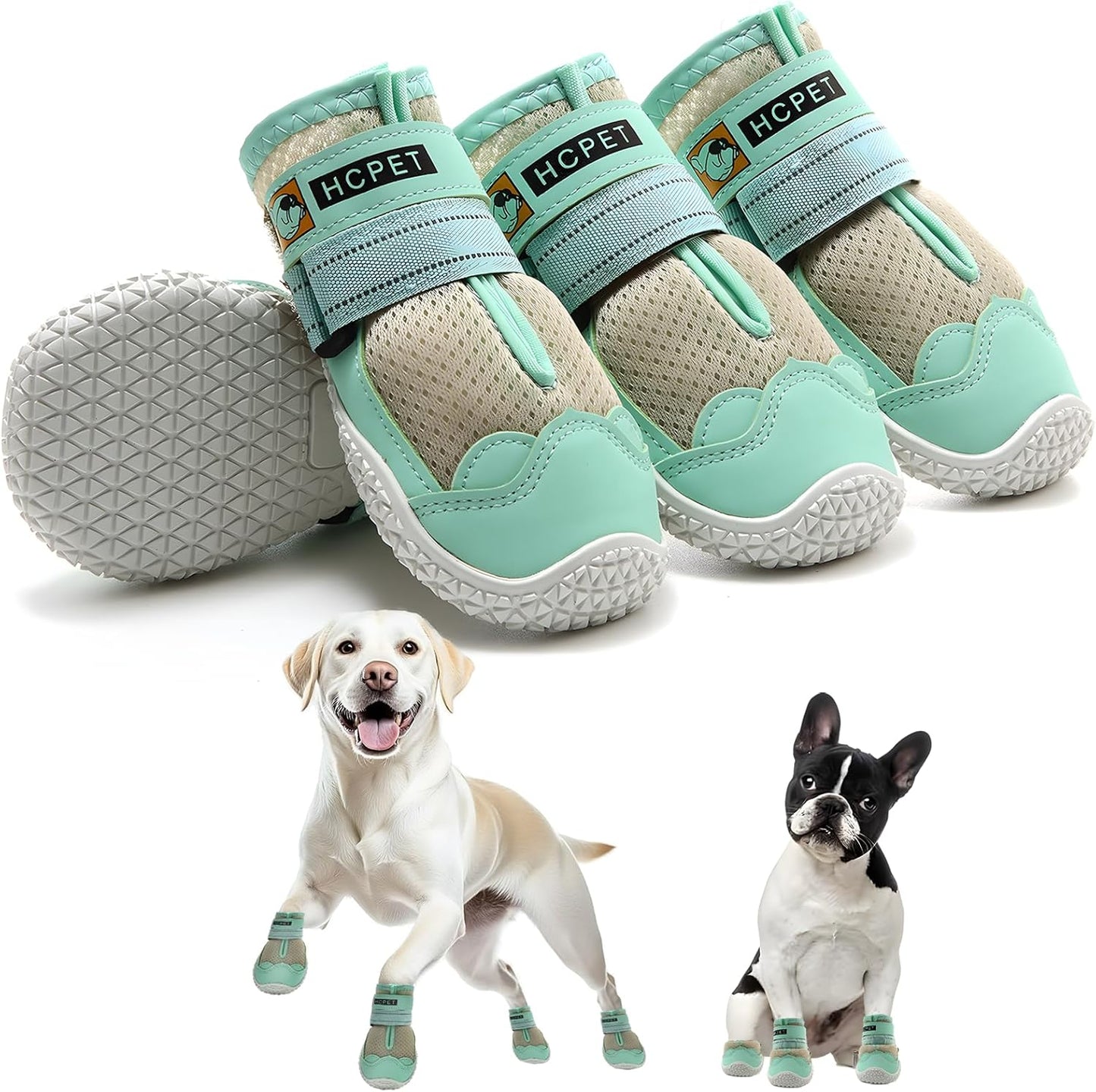 Hcpet Dog Shoes for Large Dogs, Breathable Dog Booties for Small Medium Dogs, Anti-Slip Dog Boots & Paw Protectors for Hot Pavement Winter Snow Hiking with Reflective Straps Green Size 4