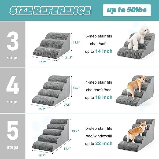 IFNOW Dog Stairs for Small Dogs, 4-Step Sturdy Dog Steps for Bed, Couch, Sofa, Waterproof Pet Stairs for Older Cats, Puppy, Removable Washable Cover, Non-Slip Curved Pet Ramp Indoor, Grey