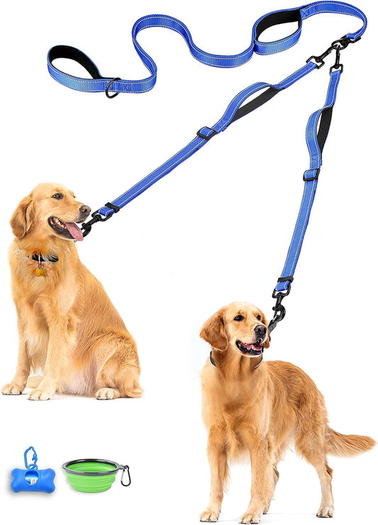 PetBonus Double Dog Leash, No Tangle Dual Leash, Reflective Walking Training Lead, 4 Comfortable Padded Handles for 2 Dogs with Collapsible Bowl and Waste Bags (Blue, Large)