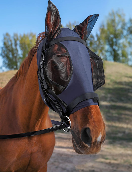 Horse Fly Mask with Ears, UV Protection Mask for Horses, Elasticity Mask with Big Mesh Eye Covers, Snug Fitting Comfortable Breathable Lightweight Navy Cob