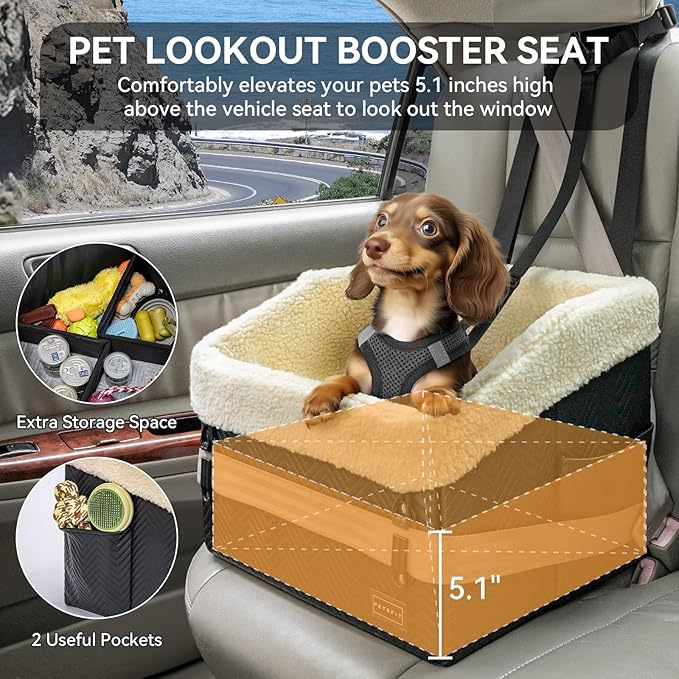 PETSFIT Small Dog Car Seat, Waterproof PU Leather Dog Booster Car Seat with Patented Safe Buckles, Detachable Dogs Seat Belt for Car, Dog Car Seat Medium Sized Dog up to 30 lbs (Black)