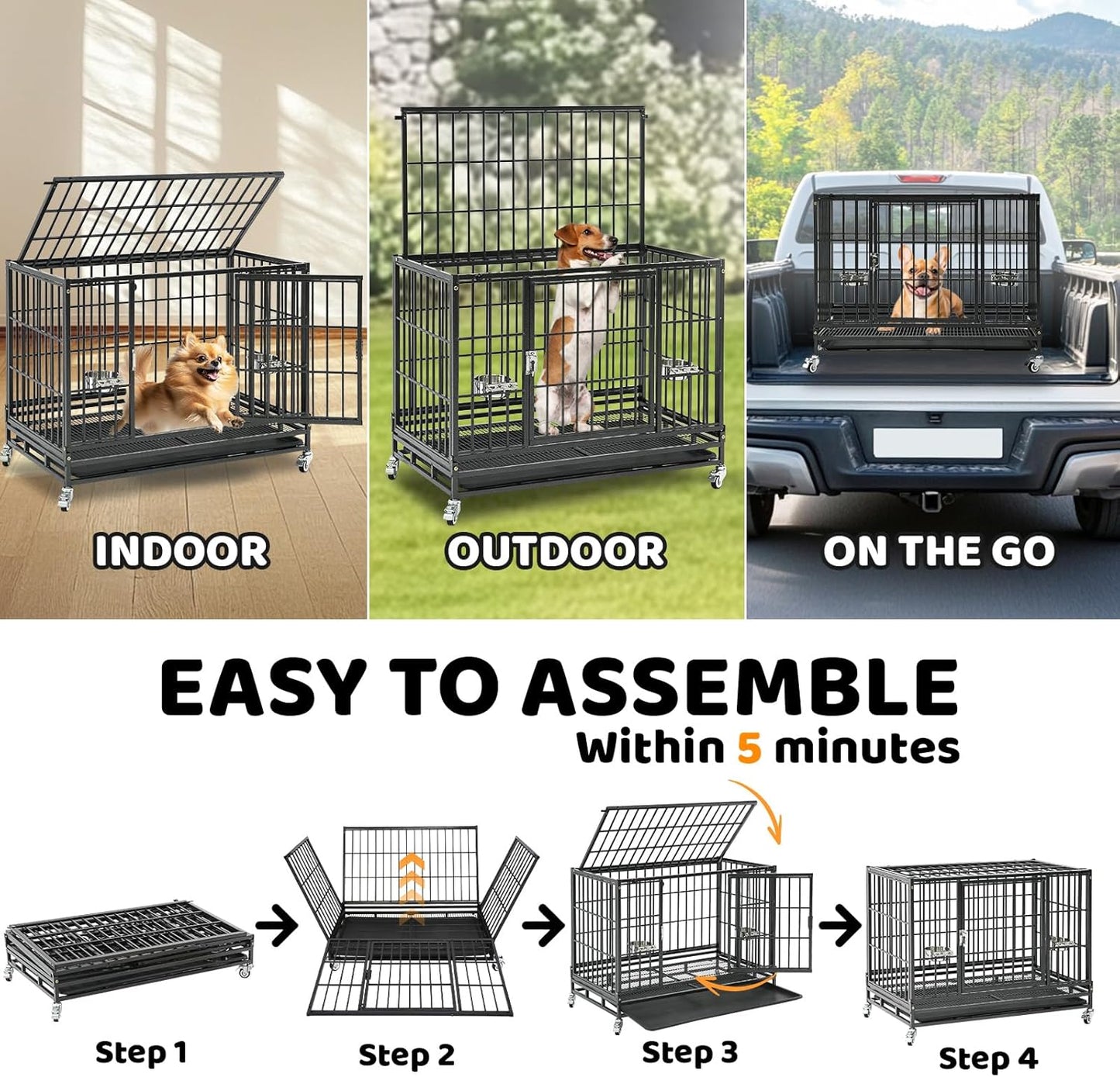 Homey Pet 37 Inch Heavy Duty Dog Crate for Medium Dogs, Stackable Dog Cage with Four Lockable Wheels, Removable Tray & Grid, Open Top, Escape Proof Dog Kennel Indoor