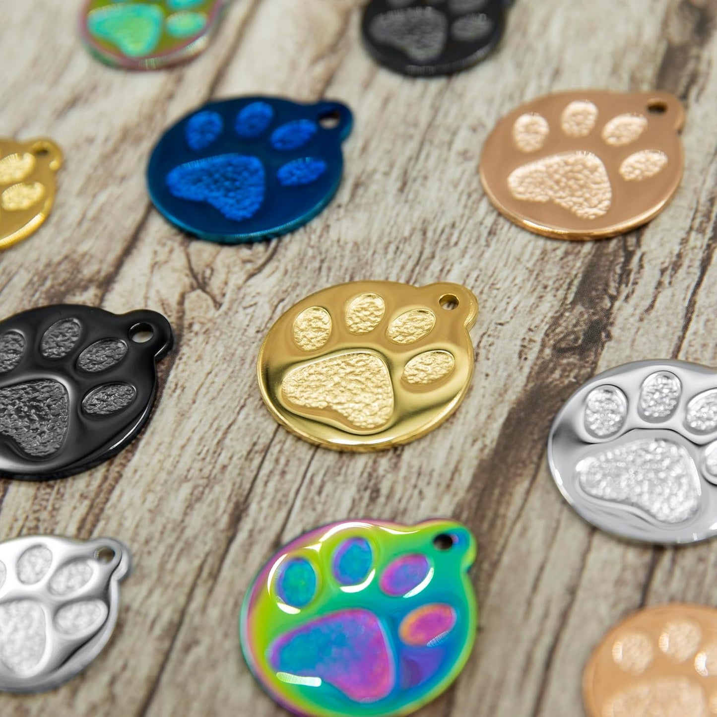 Engraved Pet Tag for Dogs and Cats - Personalized Front & Back up to 4 Lines of Text Custom Engraved ID, Round Paw Print Solid Plating Stainless Steel Rose Gold Small