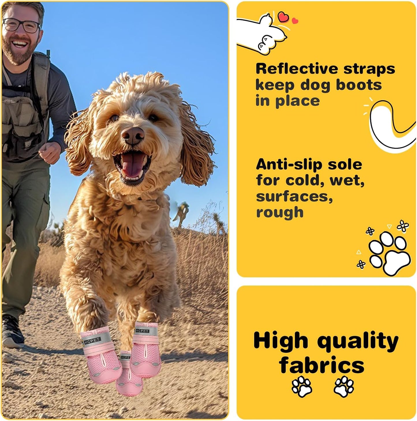 Hcpet Dog Shoes for Large Dogs, Breathable Dog Booties for Small Medium Dogs, Anti-Slip Dog Boots & Paw Protectors for Hot Pavement Winter Snow Hiking with Reflective Straps Pink Size 6