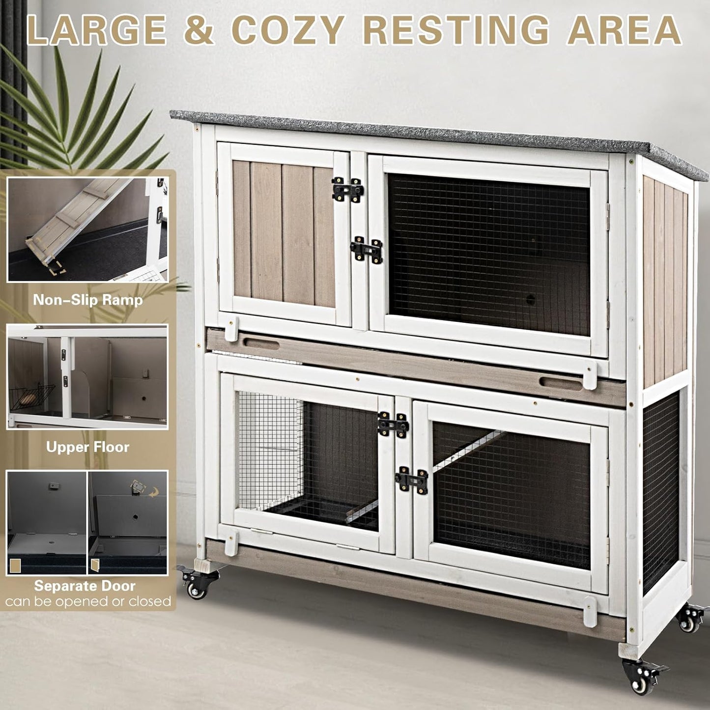 36" L Rabbit Hutch Indoor with 4 Metal Wheels, 2-Story Wooden Bunny Hutch Outdoor Bunny Cage, 2 Deeper Pull-Out Trays, Ramp, Rabbit Cage Guinea Pig Pet House for Small Animals