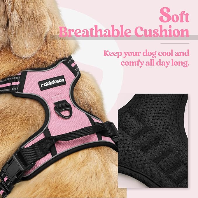 rabbitgoo Dog Harness No Pull with 2 Leash Clips, Adjustable Soft Padded, Reflective Oxford No Choke Pet Vest with Easy Control Handle for Medium Sized Dogs, Pink, M