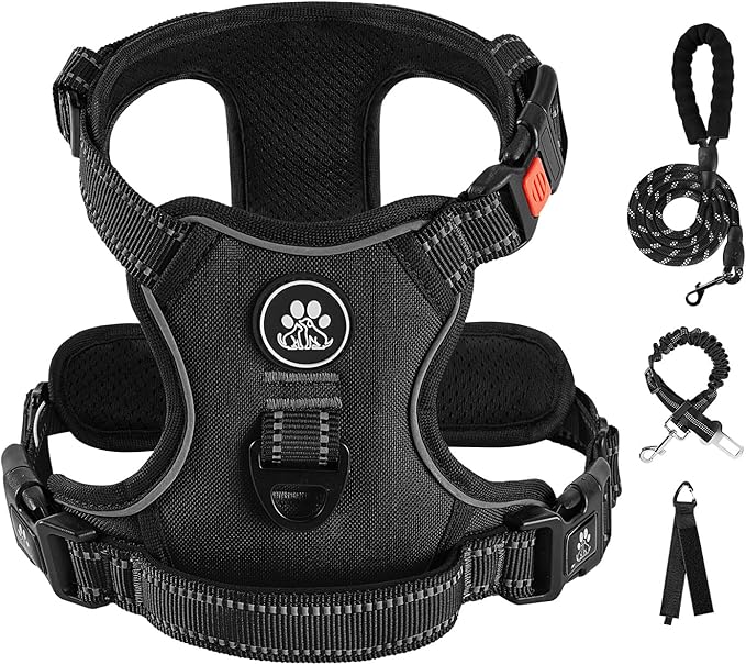 IVY&LANE No Pull Dog Harness for Large Dogs, Dog Vest Harness with Leash, Safety Belt and Storage Strap, Fully Adjustable Harness, 360° Reflective Strip, Soft Handle (Black, XL)