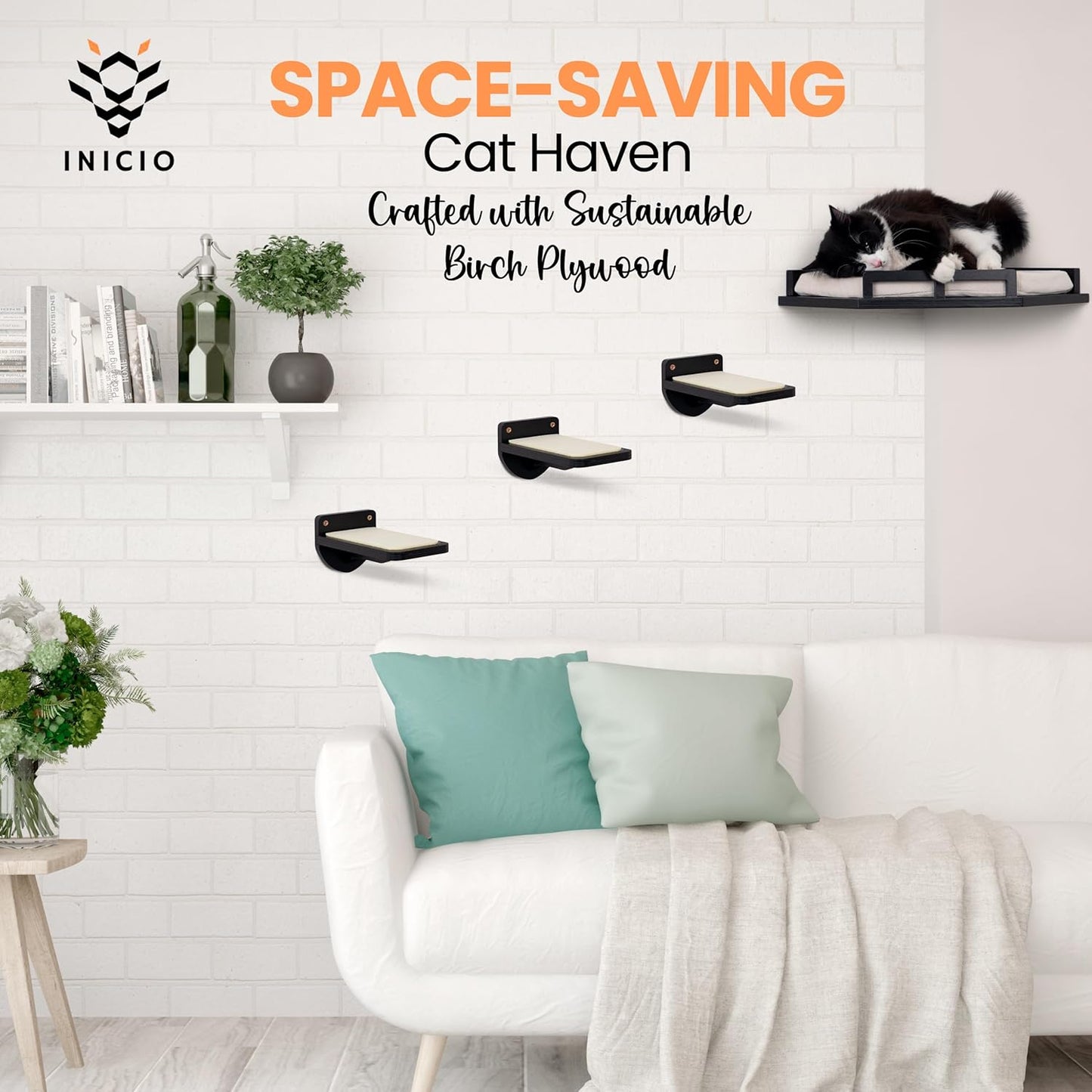 INICIO Cat Wall Shelves - Modern and Durable 3 Step Cat Furniture for Wall - Stylish Birch Floating Shelf for Cats up to 15lbs - Wooden Corner Shelves with Cushioned Perch - Black