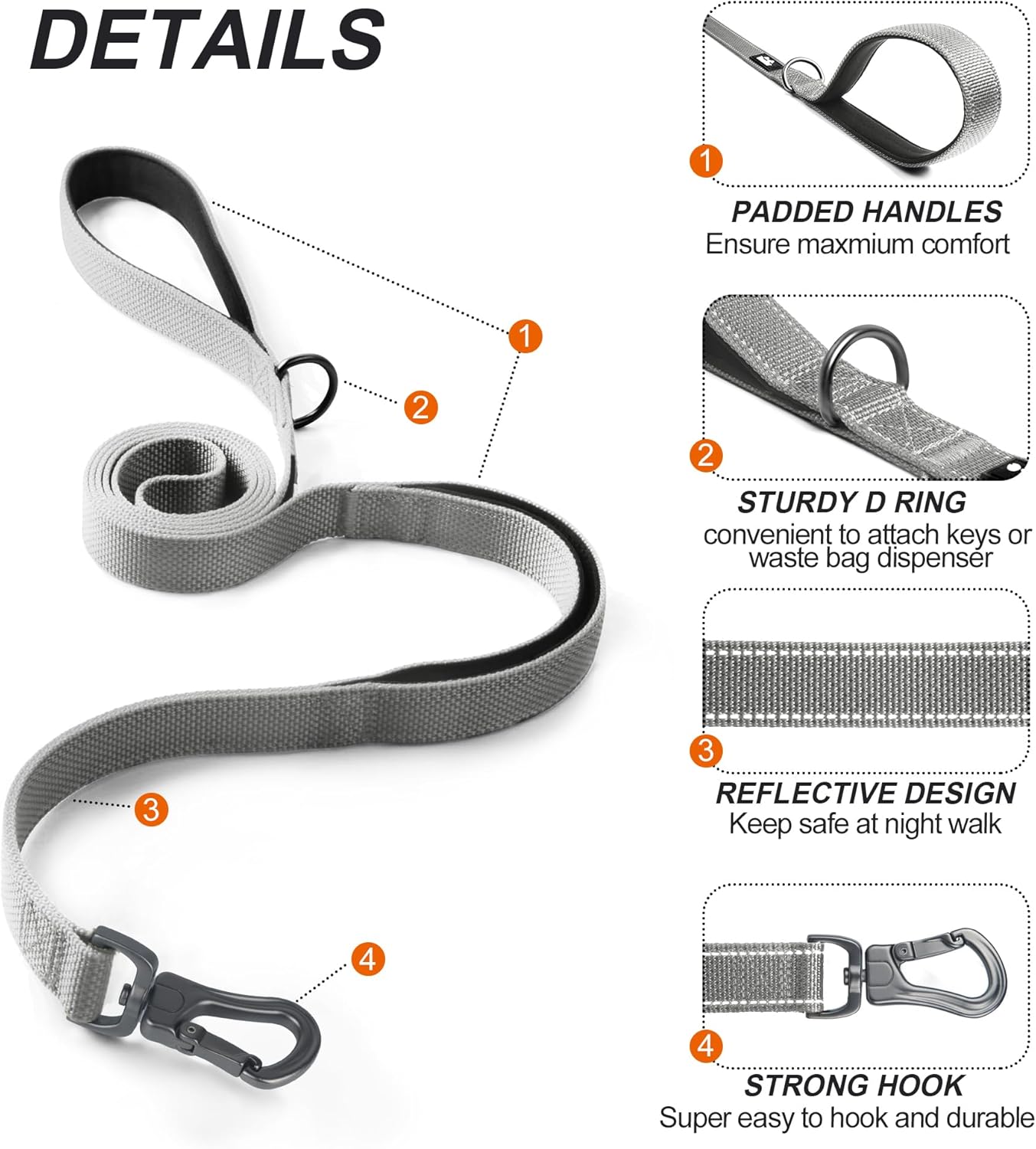 TwoEar 6FT 1IN Strong Gray Dog Leash with 2 Padded Handles, Traffic Handle Extra Control, Comfortable Soft Dual Handle, Auto Lock Hook, Reflective Walking Lead for Small Medium and Large Dogs