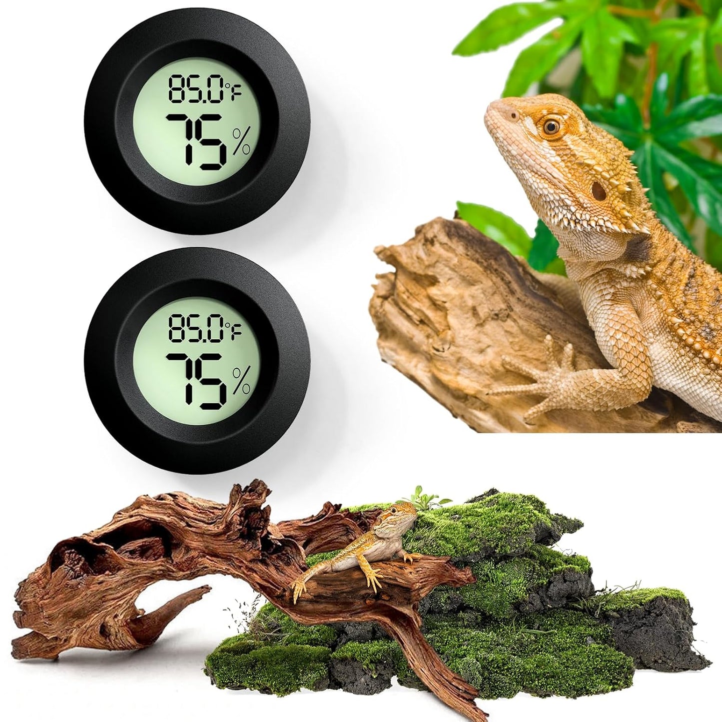 2PCS Reptile Thermometer and Humidity Gauge,Digital Adhesive Reptile Terrarium Hydrometer,Bearded Dragon Tank Accessories,Pet Humidity Meter Supplies for Leopard Crested Gecko,Snake,Lizard