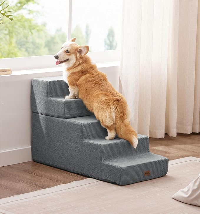 Made4Pets Dog Stairs for High Bed, Extra Wide Pet Stairs for Bed Couch Sofa, 35D Foam Pet Steps for Small Dogs and Cats, Non-Slip Bottom Dog Steps, Grey, 5 Steps