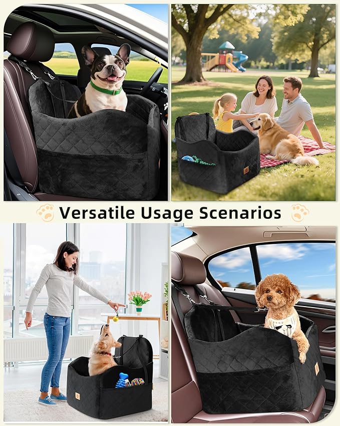 Car Seat Booster for Dog: High-Support Memory Foam Pet Car Seat for Small/Medium Dogs Under 35lbs with Elevated Cushion - Detachable Washable Puppy Travel Bed for Driving with Pockets (Black)