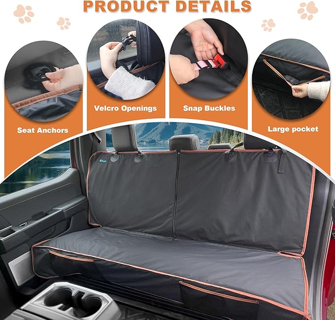 Dog Car Seat Cover for Back Seat, Waterproof PU Leather Bench Seat Covers for Trucks Ford F 150/Ram 1500/Chevy Silverado/GMC Covers, Non-Slip Back seat Pet Cover for Dogs in Car, Easy to Use and Clean