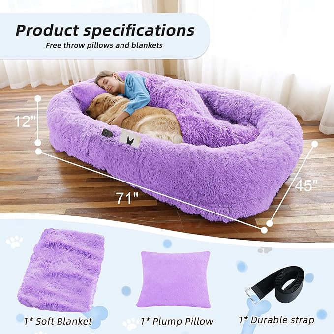 Human Dog Bed, 71''x45''x12'' Size Fits You and Pets, Washable Faux Fur Pet Bed for People Doze Off, Napping Orthopedic Dog Bed, Present Plump Pillow, Blanket, Strap - Purple