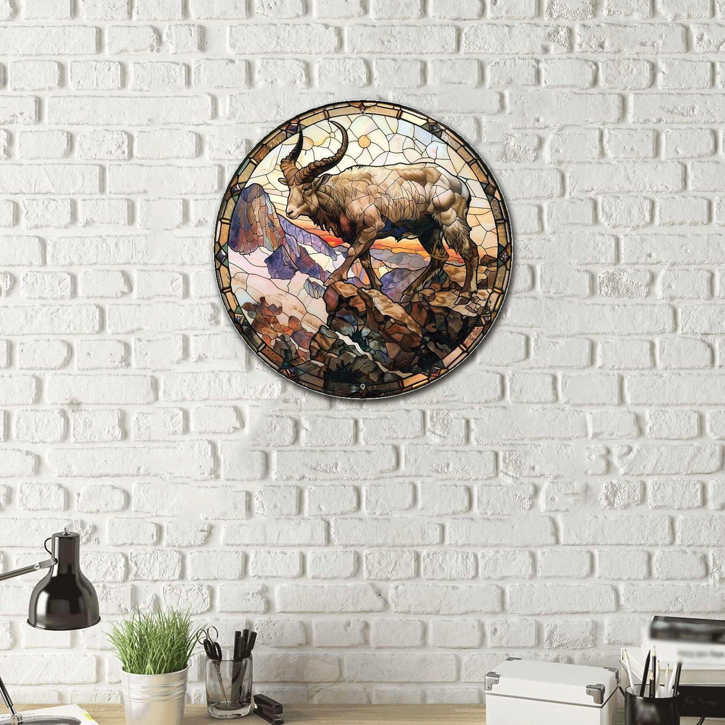 Lygond Metal Sign Tin Sign Circular Stained Glass Mountain Goat Vintage Sign For Club 8×8 Inches