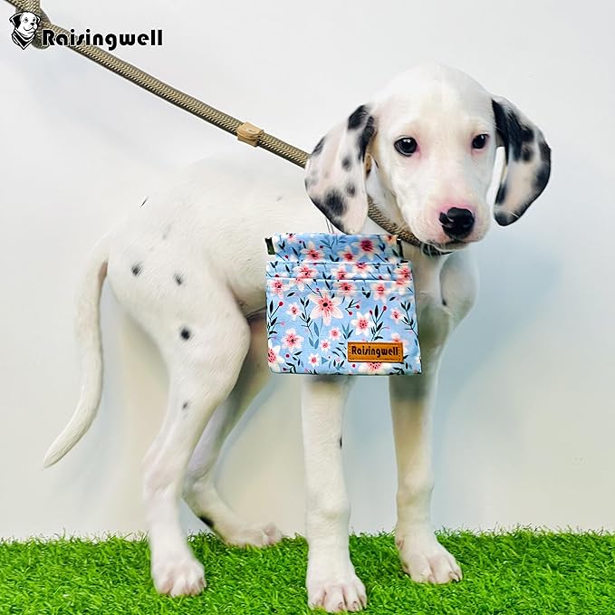 Dog Treat Pouch, Small Cotton Pocket Sized Training Holder, Hand Free Walking Fanny Bag with Carabiner, Self-Closing Pet Feed Snack Reward, Behavior Aids for Puppy Travel or Outdoor Use