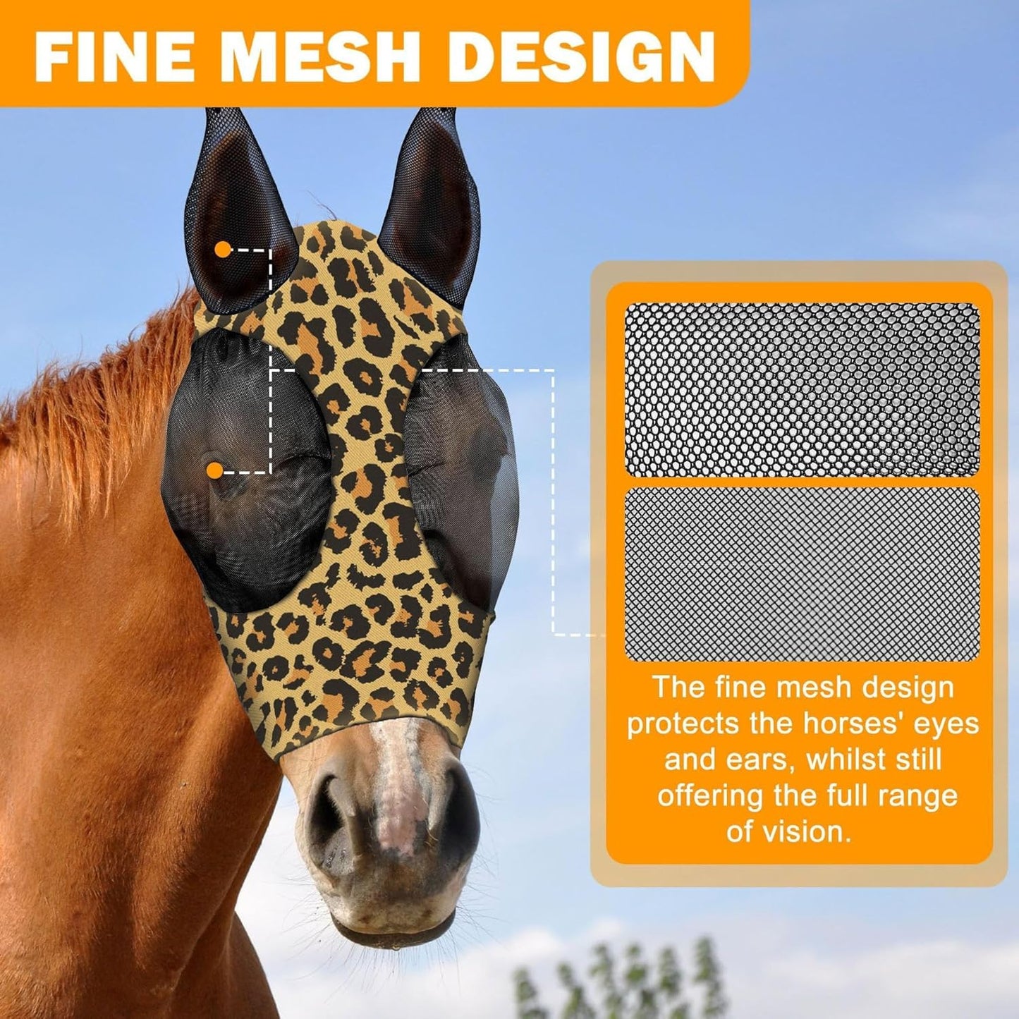 Horse Fly Mask with Ears - Comfort Fit, Durable & Breathable, Easy to on/Off | UV Protection, Large Eye Space, Stretchy Leopard Print (2pcs Large, Tangle-Free)
