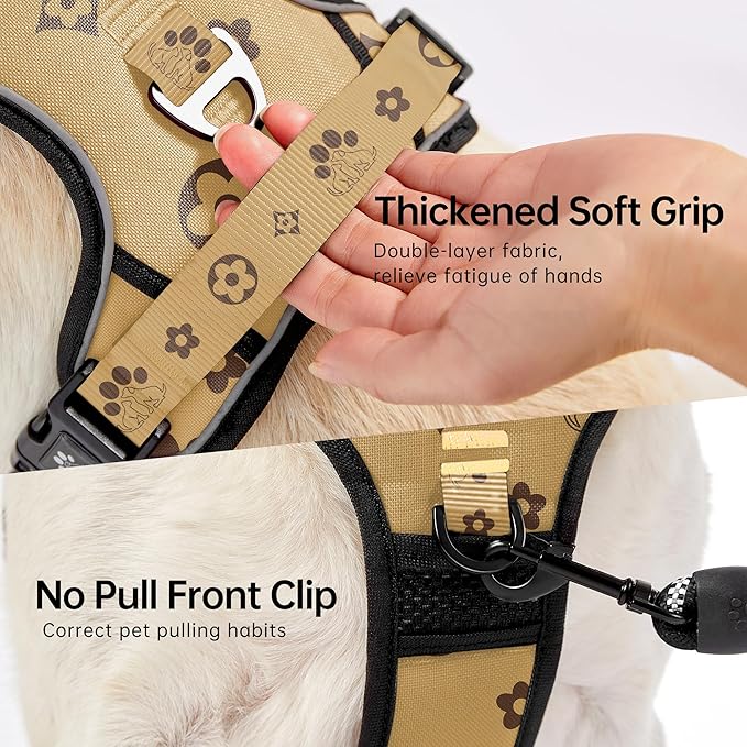 NESTROAD No Pull Dog Harness,Adjustable Oxford Dog Vest Harness with Leash,Reflective No-Choke Pet Harness with Easy Control Soft Handle for Medium Dogs(Medium,Light Brown)