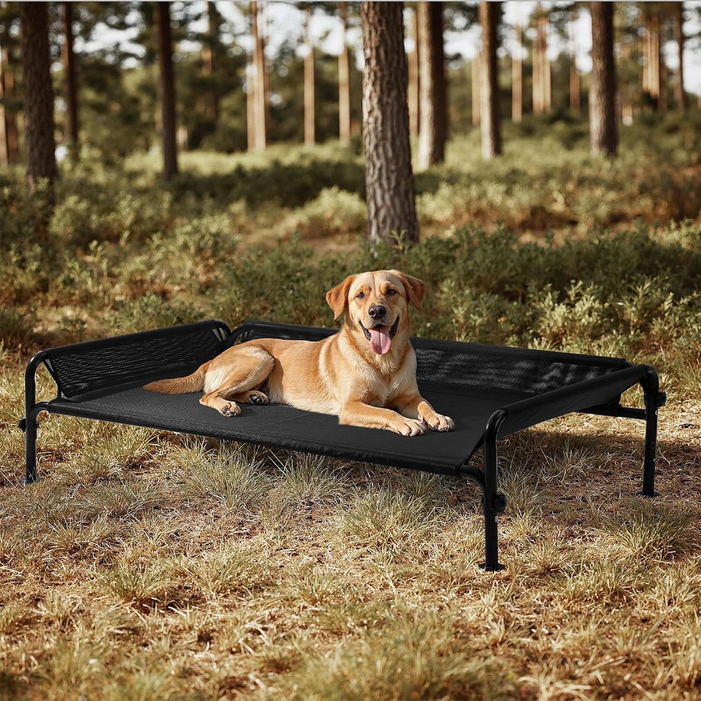 Gardner Pet Elevated Dog Bed Large Sized Dog, Outdoor Raised Bed Waterproof Portable Cooling Cot Pet Hammock Bed with 3-Sided Guardrail, Breathable Mesh, Black, 49 Inches
