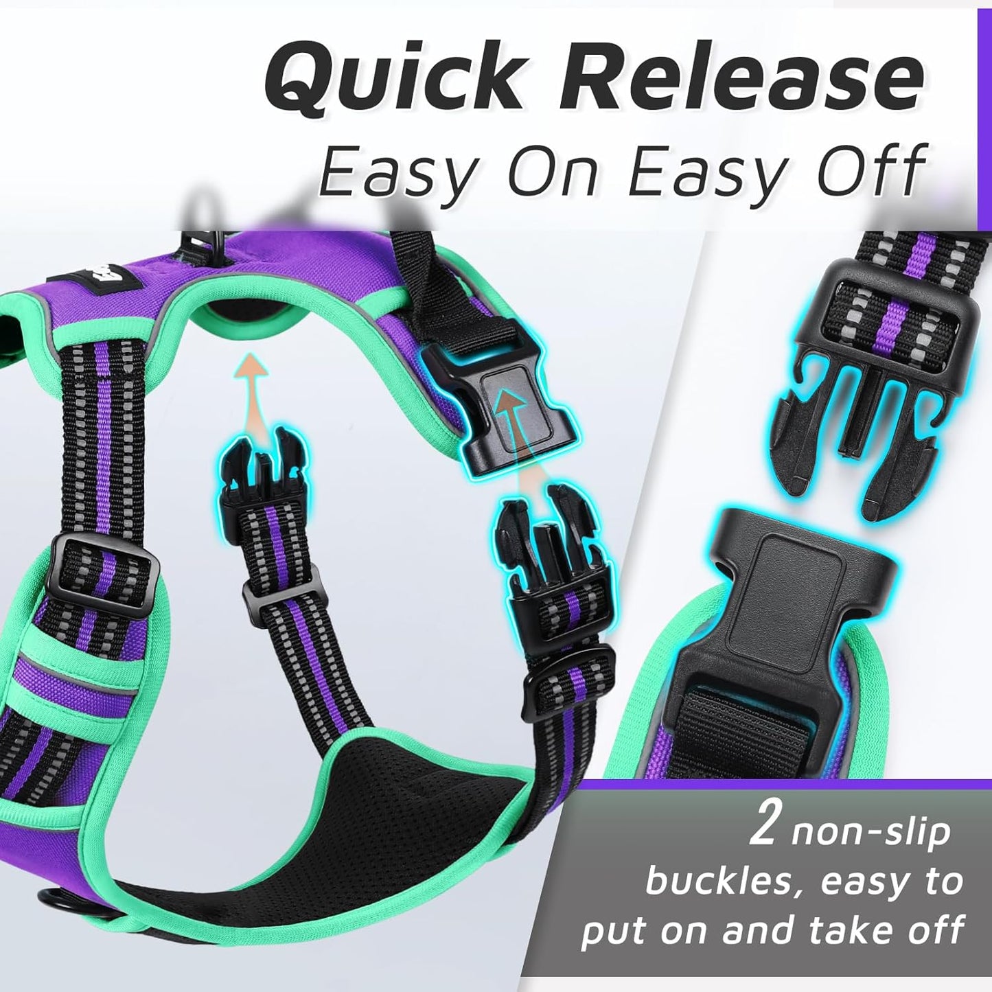 Eagloo Dog Harness for Large Dogs, No Pull Service Vest with Reflective Strips and Control Handle, Adjustable and Comfortable for Walking, No Choke Pet Harness with 2 Metal Rings, Purple & Green, XL