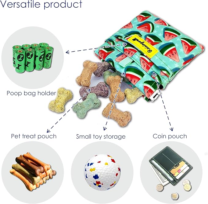 Dog Treat Pouch,Cotton Pocket Sized Training Holder, Hand Free Walking Funny Bag with Carabiner, Self-Closing Pet Feed Snack Reward, Behavior Aids for Puppy Travel or Outdoor Use（Watermelon）