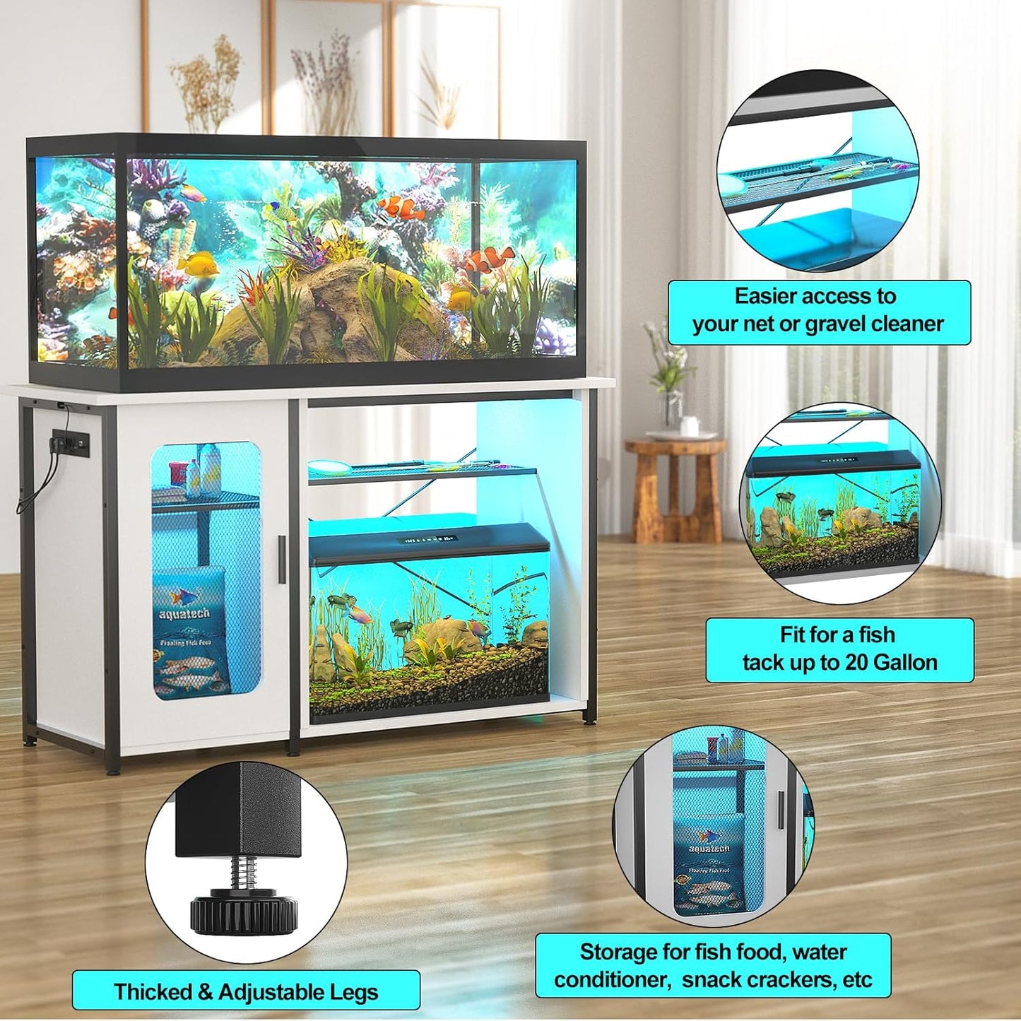 55-75 Gallon Fish Tank Stand with Power Outlets & LED Light, Reversible Heavy Duty Metal Aquarium Stand with Cabinet for Fish Tank Accessories Storage, Turtle/Reptile Terrariums, White