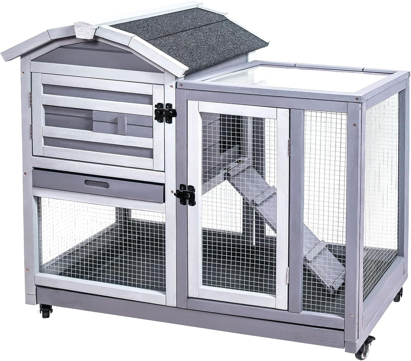 GEGURI Rabbit Hutch Indoor Rabbit Cage Outdoor, Wooden Bunny Cages for Guinea Pig with Wheels, Removable Tray, Ramp